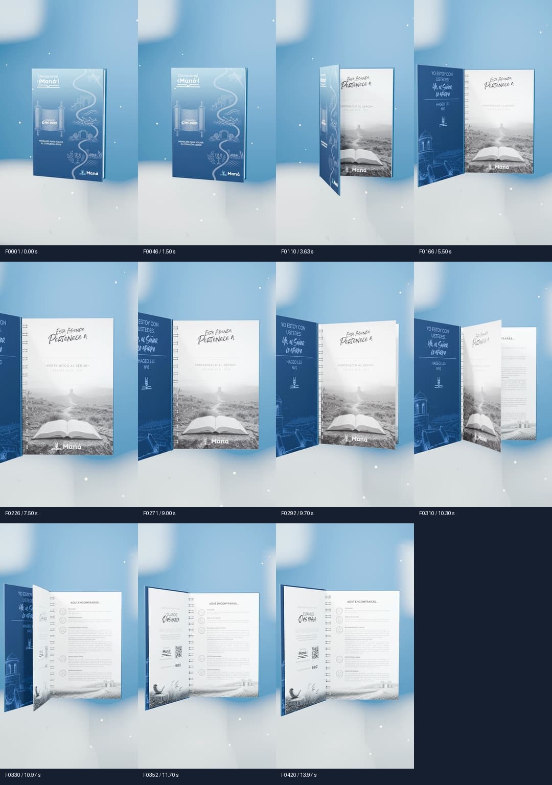 Contact sheet showing the blue Agenda Devocional Maná opening and moving through a luminous 3D scene