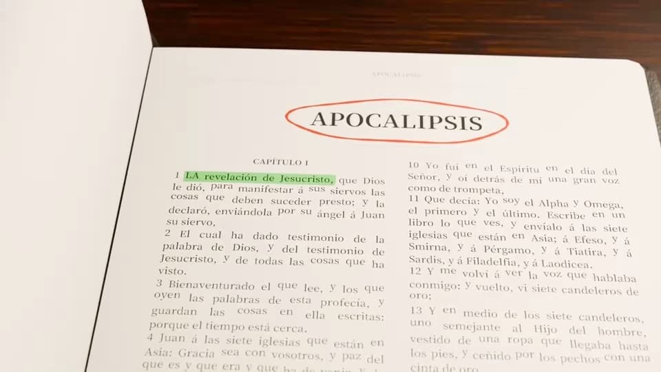 Bible page from Revelation used as the narrative turning point