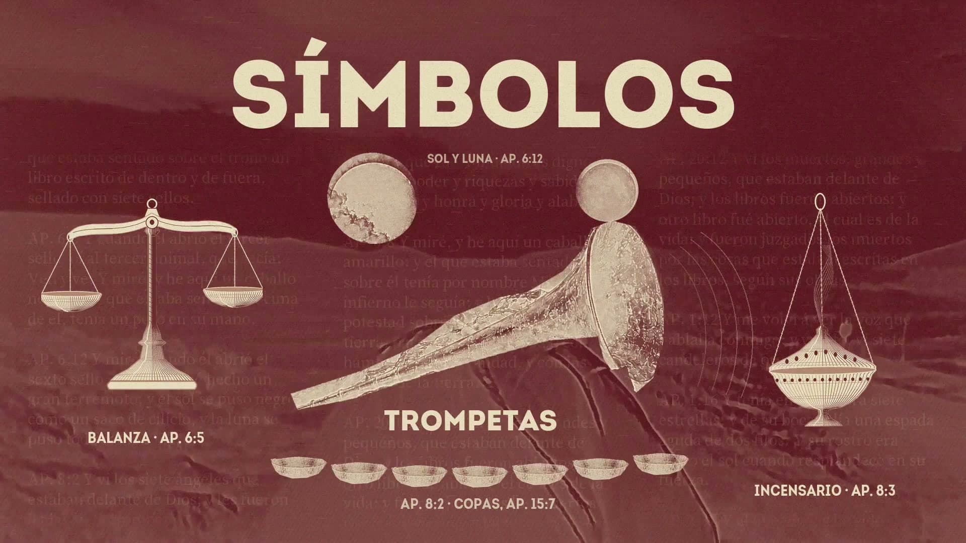 Composición gráfica con símbolos, balanzas y trompetas del Apocalipsis