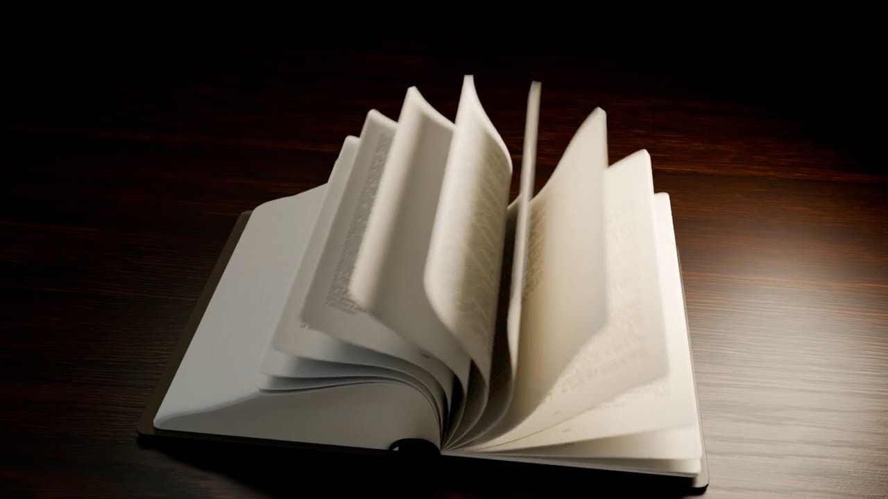 Una Biblia 3D se abre bajo una luz cálida sobre una superficie de madera oscura
