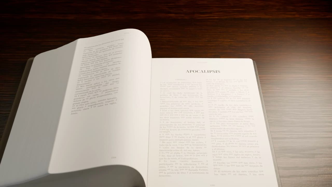 Biblia abierta que muestra el comienzo del libro del Apocalipsis