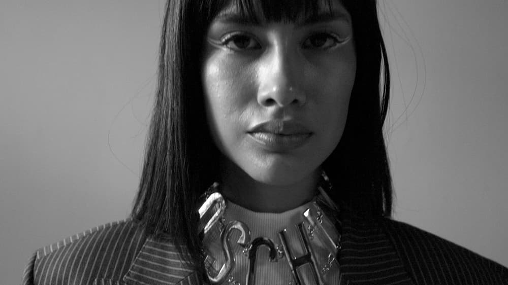 Close black-and-white portrait from the Wild Clearness Pierina film