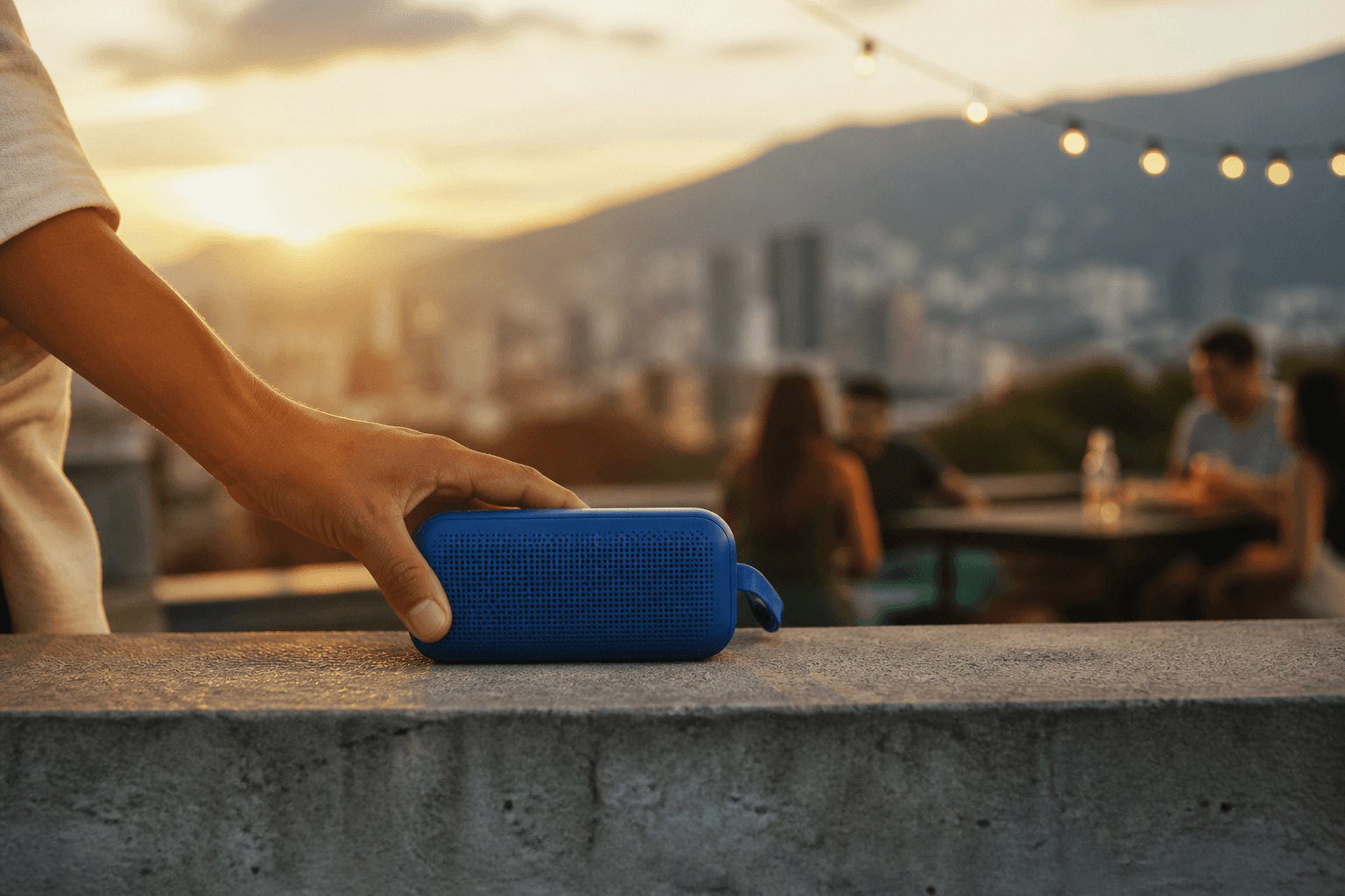 Blue portable speaker placed on a rooftop ledge at golden hour