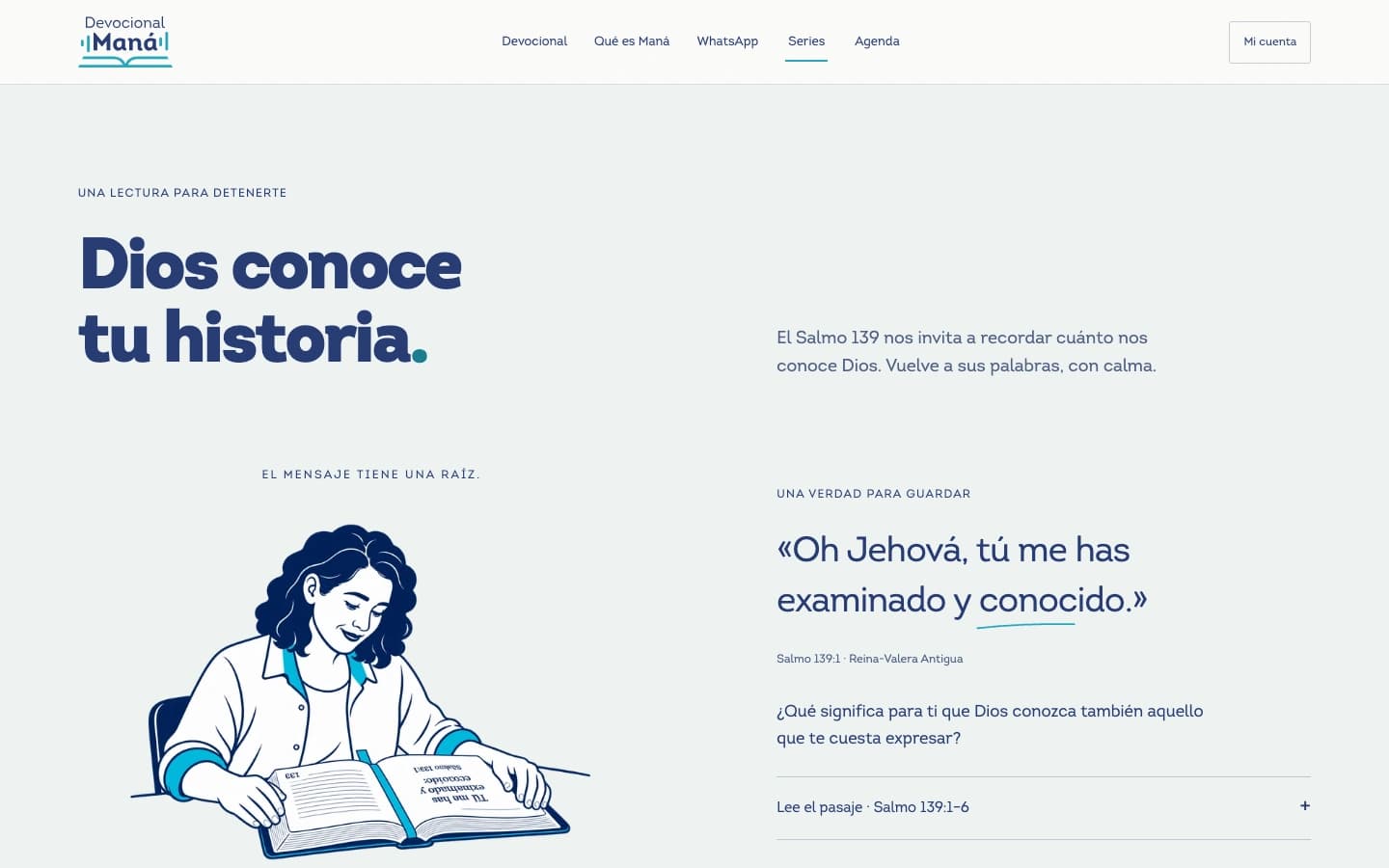 An editorial reflection with a Bible reader illustration in the new Devocional Maná home