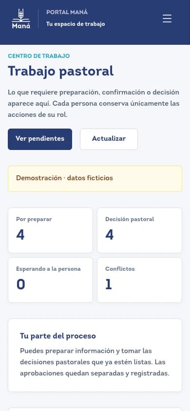 Existing Maná team work interface with demonstration data, mobile view