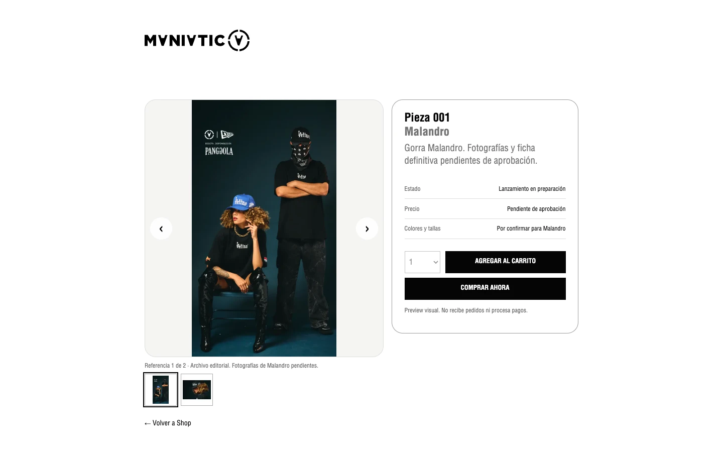 Malandro product-detail preview with an editorial reference gallery and launch information