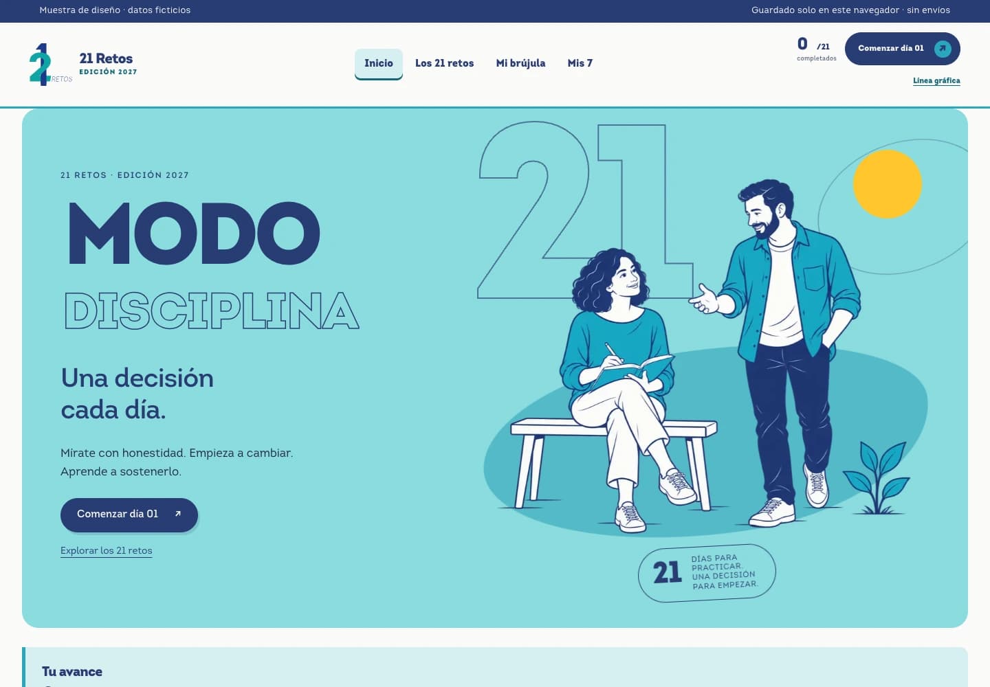 21 Retos 2027 development preview, illustrated Modo Disciplina home on desktop