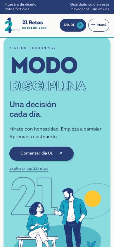 21 Retos 2027 responsive illustrated home, mobile development preview