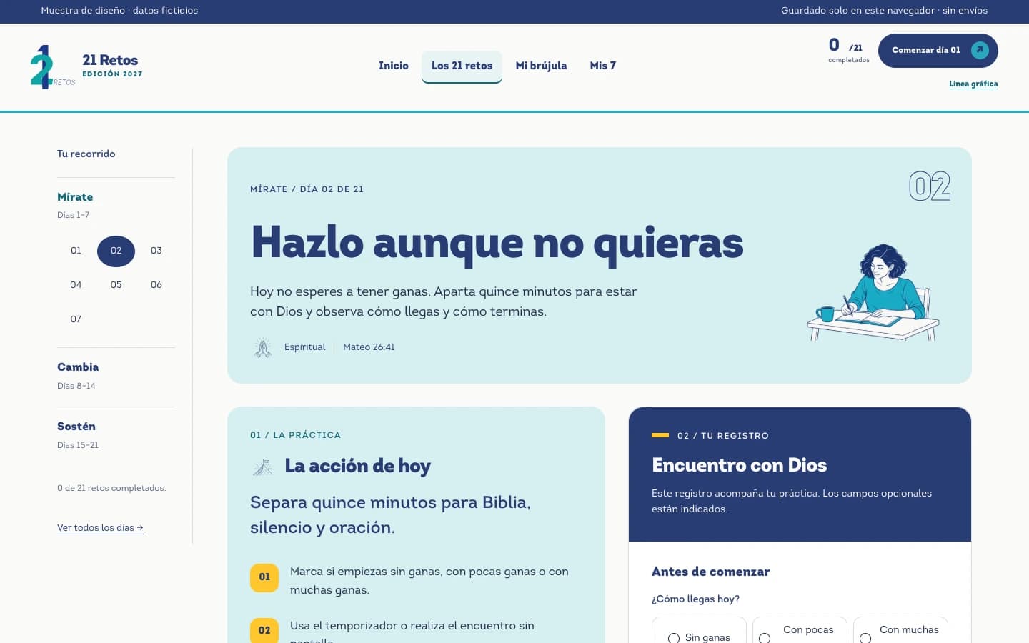 Día 02 en el cuaderno de 21 Retos, con acción práctica y registro personal vacío