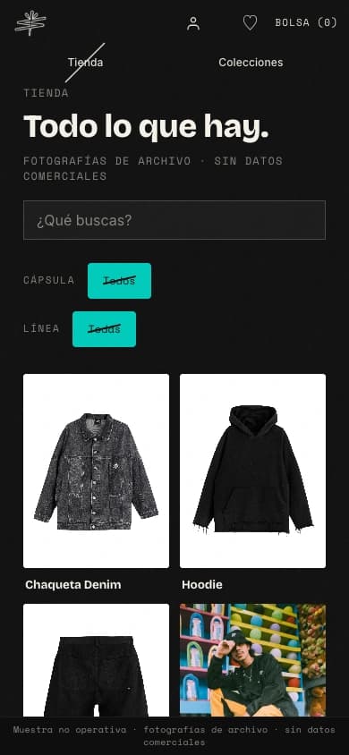 Diseño original del catálogo SIN NOMBRE con fotografías archivadas de prendas, muestra no operativa en móvil