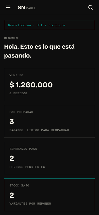Interfaz existente de gestión de SIN NOMBRE con datos de demostración, en móvil