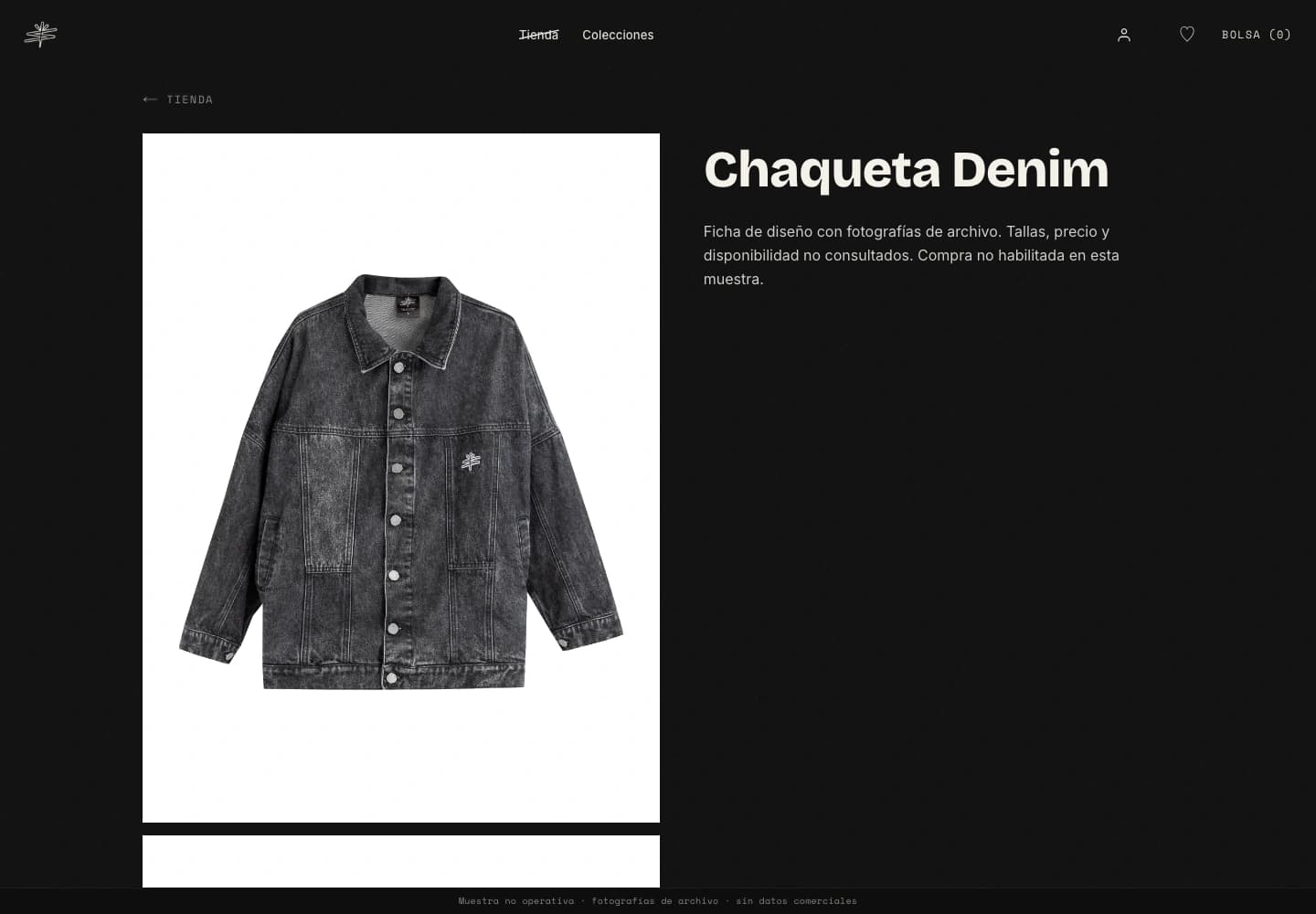 SIN NOMBRE original product-detail layout with archived denim jacket photography, non-operational desktop sample