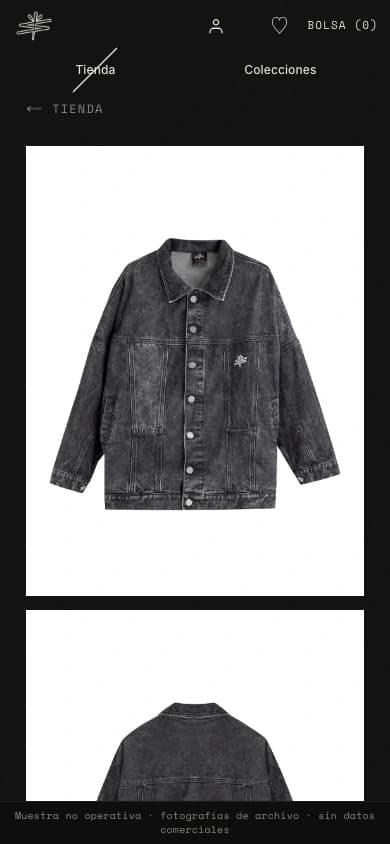 SIN NOMBRE original product-detail gallery with archived denim jacket photography, non-operational mobile sample