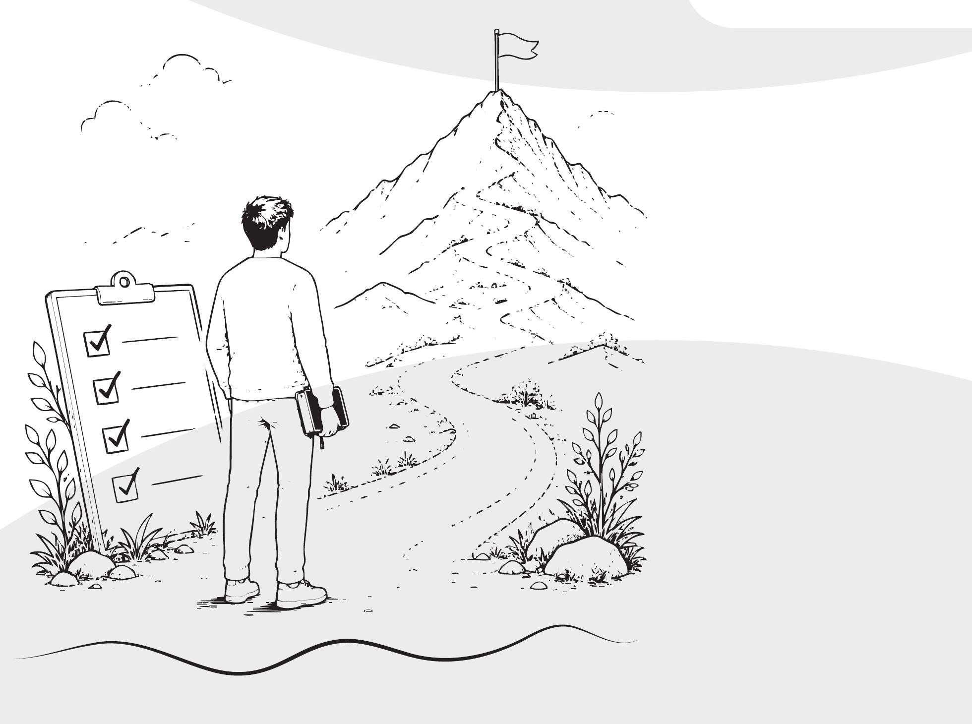 Ilustración original de líneas del Día 170: una persona ante el camino hacia una montaña, exportada directamente del PDF editorial